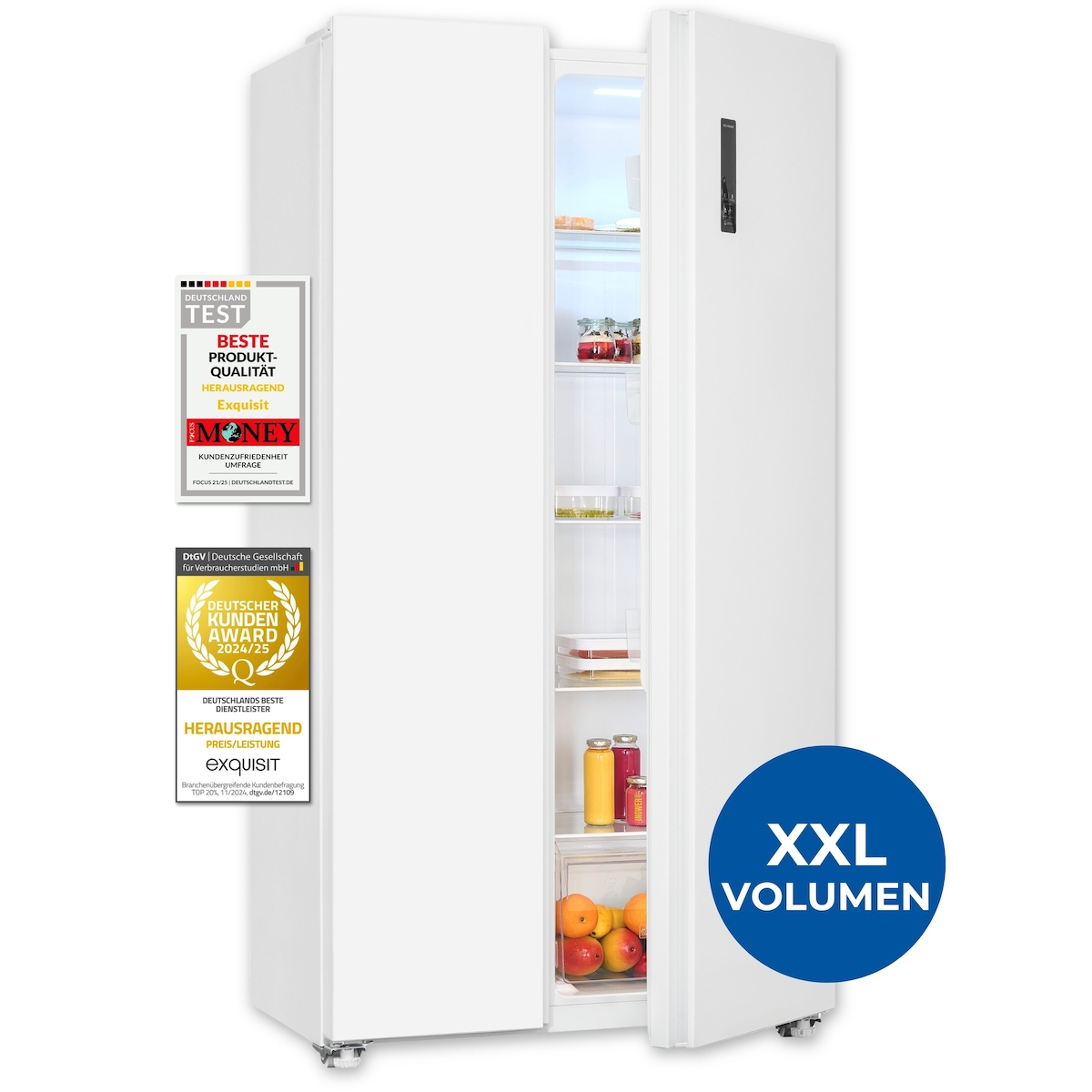 Exquisit Side-by-Side Kühl-Gefrierkombination, 442 Liter, No-Frost, LED-Display, 10 Ablagen, leiser Betrieb, 91 cm Breite, SBS46-040D weiss Image