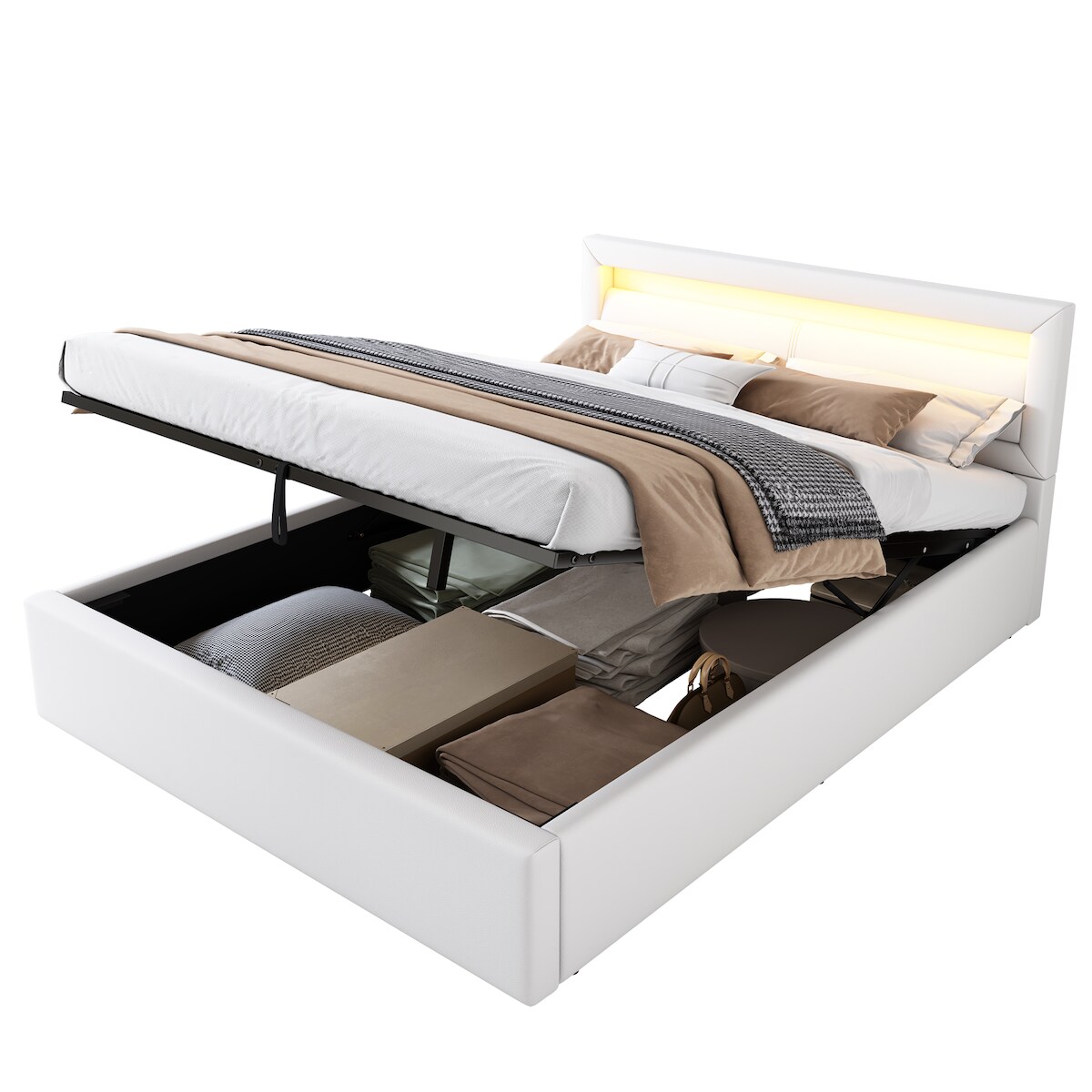 Polsterbett 140x190 cm mit LED-Beleuchtung und Stauraum – Moderner Komfort in Weiß, inkl. Lattenrost und gepolstertem Kopfteil Image