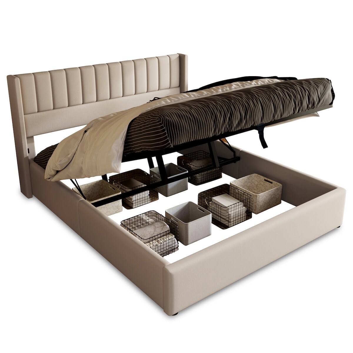 OKWISH Polsterbett 160x200 mit LED, Stauraum und Lattenrost, Stoffbett mit USB und Type-C Ladefunktion, modernes Doppelbett, Komfortbett Beige Image