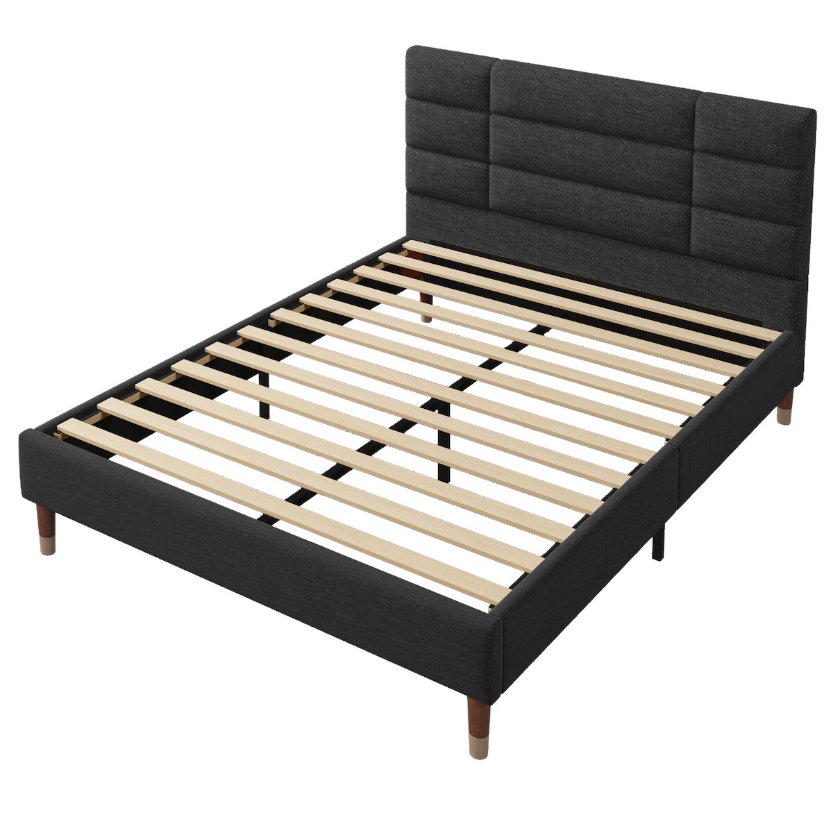 OKWISH Polsterbett 140x200 aus Leinen mit Lattenrost, stabiles Bettgestell mit Metallrahmen, hohes Kopfteil, Stauraum unter dem Bett, modernes Bett Schwarz Image