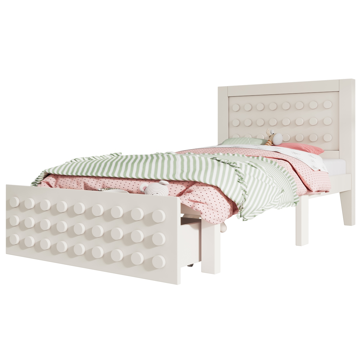 OKWISH Holzbett Einzelbett 90x200 mit Schublade und Stauraum, Massivholzbett im Blockdesign, stabiles Bett mit Lattenrost, modernes Design Weiß Image