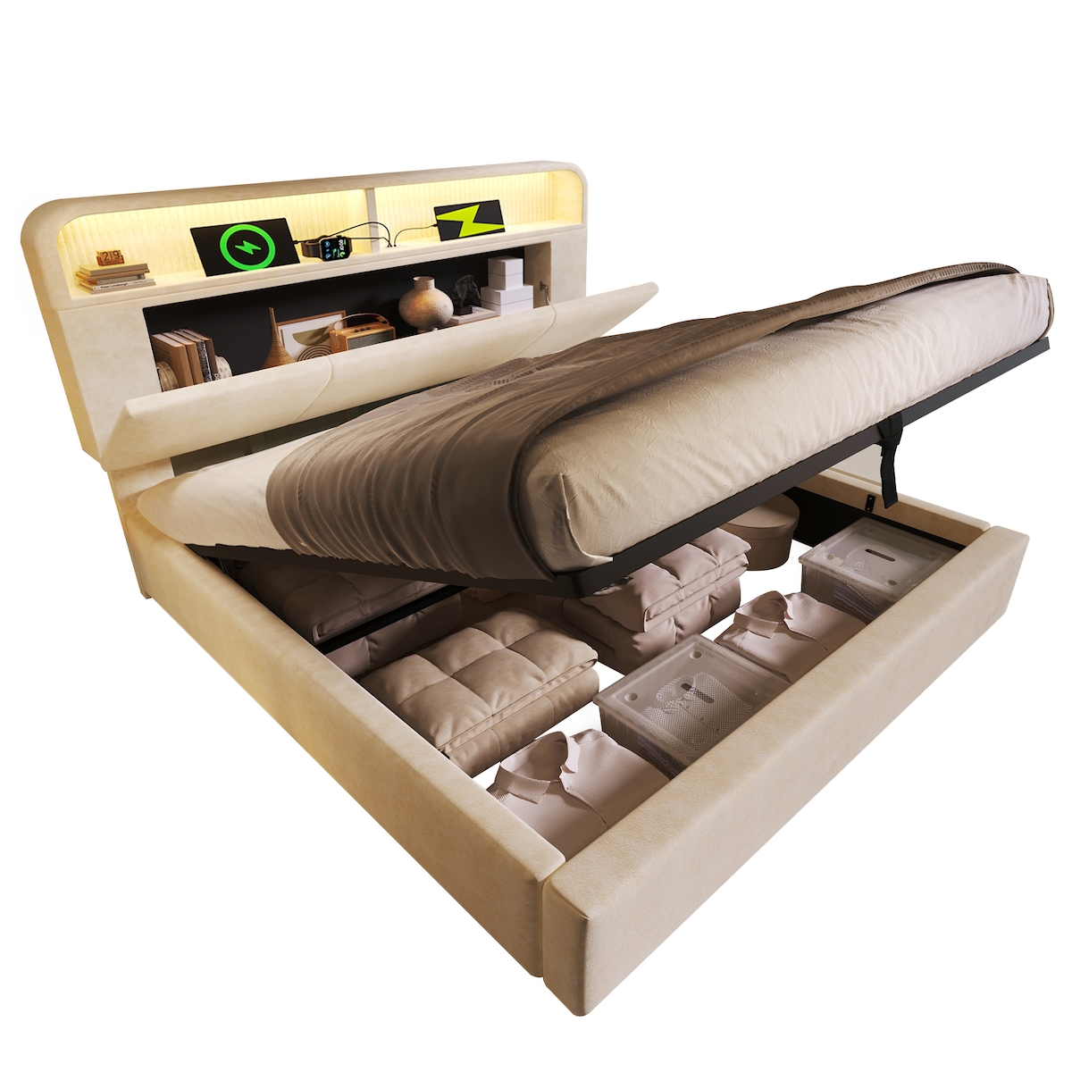 OKWISH Polsterbett 140x200 mit höhenverstellbarem Stauraum-Kopfteil, LED-Beleuchtung 16 Farben, USB-Ladestation, Bettkasten,Lattenrost,Samt Bettgestell Beige Image