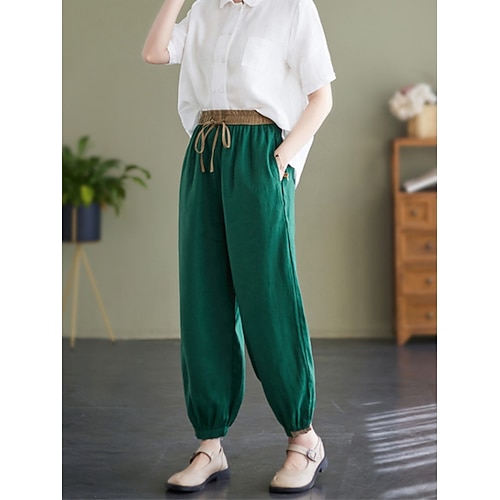 Damen Kunstbaumwollleinen Hose Sommerhose Baggy-Hosen Urlaub Basic Lässig Volle Länge Hohe Taille Einfach Kordelzug Tasche Elastischer Bund Weich Bequem Atmungsaktiv Mikroelastisch Strand Ferien Image