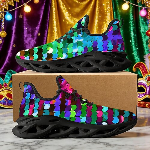 Damen Mardi Gras Konfetti-Druck Schnür-Sneaker - Gepolsterter Komfort festliche Schuhe für Karnevals-Paraden Straßenfeierlichkeiten tägliche Besorgungen sommerliche Aktivitäten im Freien Image