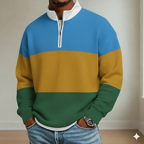 Herren Streifen Polo Langarm Stehkragen Athleisure Urlaub Athleisure Alltagstauglich 3D-Druck Farbblock Frühling Herbst Blau Schwarz Marineblau Image