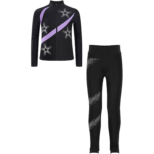 Eiskunstlaufjacke mit Hose, Damen- und Mädchen-Eiskunstlaufbekleidung, rosarot, dehnbar, Trainings- und Wettkampfbekleidung, wärmend, mit Kristall-/Strasssteinen besetzt, langärmlig, Eiskunstlauf Image