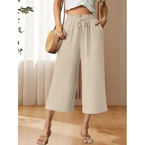 Damen Caprihose Sommerhose Baggy-Hosen Strandhose Urlaub Mode Streetwear Wadenlang Hohe Taille Einfach Kordelzug Tasche Weites Bein Komfort Weich Bequem Dehnbar Outdoor Straße Ferien Blau Schwarz Image