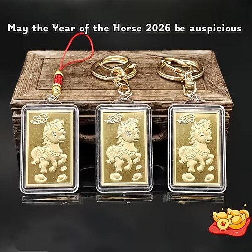 Schlüsselanhänger „Jahr des Pferdes 2026" – Glücksbringer mit quadratischem Pferdemotiv und Tierkreiszeichen. Robuster Karabinerverschluss aus Aluminiumlegierung, ideal als Neujahrsdekoration. Image