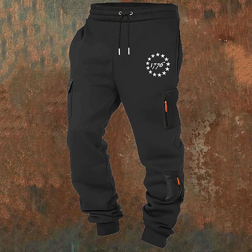 Herren Cargo-Hosen Jogginghose Hose Kordelzug Tasche Elastischer Bund Amerikanische US-Flagge Komfort Atmungsaktiv Lässig Täglich Outdoor Mode Klassicher Stil Schwarz Weiß Mikroelastisch Image
