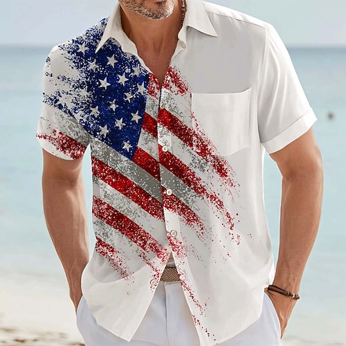 Herren US Flagge 250-jähriges Jubiläum Amerika 250 Hemd Knopfhemd Kurzarm Vintage-Retro Outdoor Ferien Sommer Frühling Umlegekragen 3D-Druck Hemden mit Kragen Eine Tasche vorne Weiß 1 Weiß Weiß 2 Image