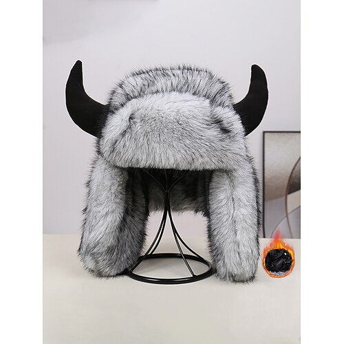 Männliche warme Kunstpelzhorn Mardi Gras Hut Multi-Farben Tier/Dämon Stil Bomber-Cap Perfekt für Karneval Maskerade Kostümpartys Image