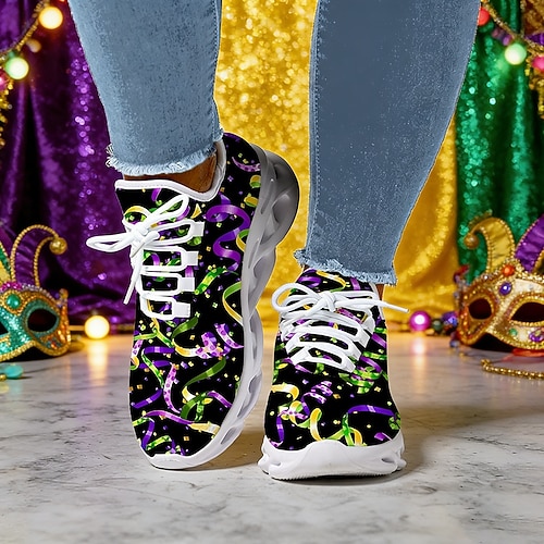 Damen Mardi Gras Konfetti-Druck Schnür-Sneaker - Gepolsterter Komfort festliche Schuhe für Karnevals-Paraden Straßenfeierlichkeiten tägliche Besorgungen sommerliche Aktivitäten im Freien Image