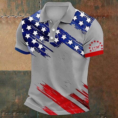 4. Juli 2026 250. Herren Amerikanische US-Flagge Polo Kurzarm Polo-Shirts Revers Lässig Athleisure Alltagskleidung Festival-Outfit 3D-Druck Knöpfe Sommer Blau Weiß Gelb Image