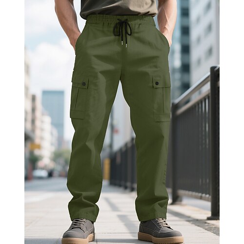 Herren Cargo-Hosen Hose Kordelzug Elastischer Bund Mehrere Taschen Einfarbig Winddicht Komfort Täglich Outdoor Ferien Streetwear Stilvoll Schwarz Armeegrün Image