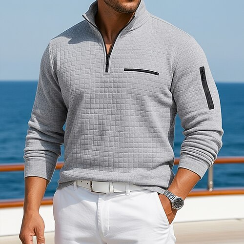 Herren Waffel-Poloshirts Textur Lässig Sport Outdoor Reißverschluss Viertelreißverschluss Langarm Mode Modern Reißverschluss Tasche Frühling Herbst Frühling Herbst Normale Passform Schwarz Wei Image