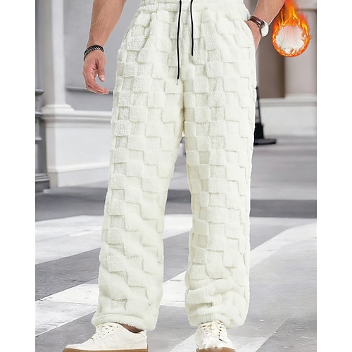 Herren Jogginghose Fleecehose Hose Winterhose Gerade geschnittene Sweatpants Jacquard Kordelzug Tasche Einfach Komfort Warm Lässig Täglich Outdoor Urlaub Mode Schwarz Weiß Mikroelastisch Image