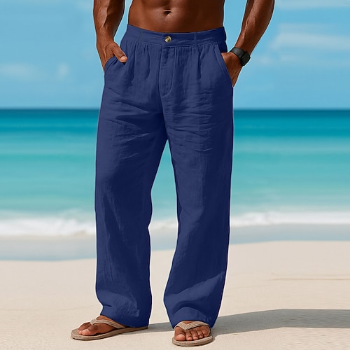 Herren Leinenhosen Hose Sommerhose Baggy-Hosen Strandhose Tasche Elastischer Bund Einfach Komfort Atmungsaktiv Täglich Outdoor Strand Urlaub Mode Schwarz Weiß Image