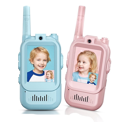 Walkie-Talkie für Kinder mit 2-Zoll-Bildschirm, Echtzeit-Video-Chat, Stimmverzerrung, ideal für drinnen und draußen, perfekt für Familienspiele im Freien, Camping und Wandern. Image