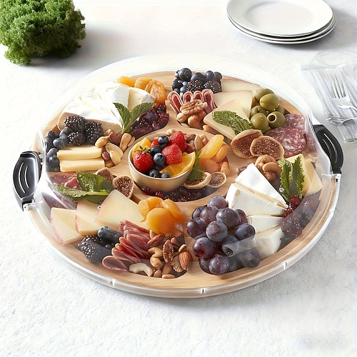 Käsebrett aus Bambus, tragbare, unterteilte Snackplatte für draußen, Käseplatte für Partys, hochtransparente Kunststoff-Lebensmittelabdeckung, Snackplatte aus Holz für Fleisch Obstportion Image