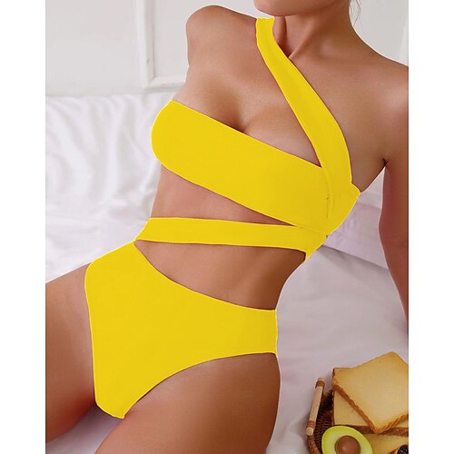 Damen Badeanzug Einteiler Bikini Shorts Bademode Rückenfrei Urlaub Strandbekleidung Einfarbig Trägerlos Ärmellos Badeanzüge Image