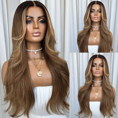 Remy Echthaar 5x5 Verschluss 13x4 Spitzenfront Perücke Freier Scheitel Brasilianisches Haar Gewellt Blond Braun Mehrfarbig Perücke 150% 180% Haardichte Ombre-Haar Hervorgehobenes / Balayage-Haar 100 Image