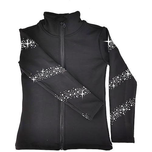 Eiskunstlauf-Fleecejacke für Damen und Mädchen, schwarz, dehnbar, Trainings- und Wettkampfbekleidung, wärmend, mit Kristall-/Strasssteinen, langärmlig, für Eiskunstlauf Image