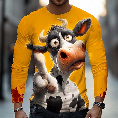 Herren Tiermotiv Kuh Lustig T Shirt Langarm T-Shirt 3D-Druck Rundhalsausschnitt Hemd Mode Basic Lässig Täglich Straße Weiß Gelb Gelb 2 Sommer Frühling Bekleidung S M L XL XXL XXXL Image