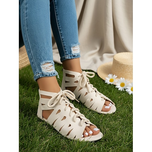 Dunkelbraune Gladiator-Sandalen mit Schnürung und Cut-outs für Damen – trendige, lässige flache Schuhe für Spaziergänge in der Stadt und sommerliche Alltagsaktivitäten Image