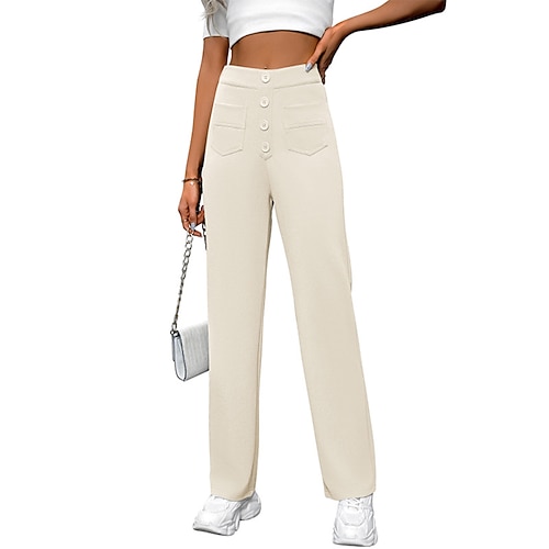 Damen Chinos Gerade Streetwear Lässig Volle Länge Mittlere Taillenlinie Einfach Tasche Elastischer Bund Komfort Bequem Unelastisch Täglich Outdoor Urlaub Dunkelbraun Beige Kamel Schwarz Frühling Image