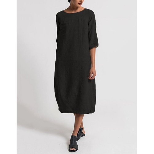 Damen Midikleid Sommerkleid Shiftkleid Urlaub Lässig Boho Täglich Strand Ferien Lässiger Schnitt Einfach Dreiviertelarm Rundhalsausschnitt Marineblau Schwarz Rote Hellgrau Sommer Frühling Image