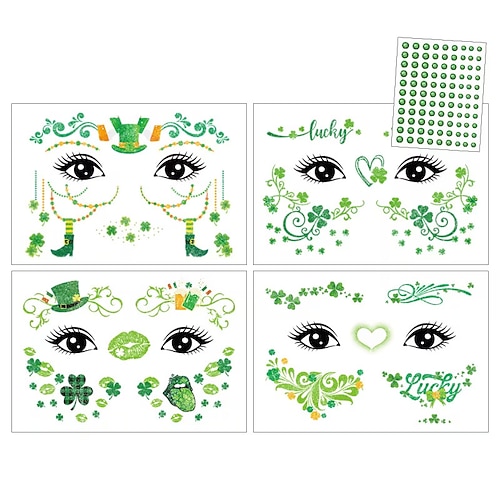 4 Stück St. Patrick's Day Gesichtsaufkleber, irisches Festival-Party-Kleeblatt-Tattoo-Aufkleber, inklusive 1 grünem Diamant-Aufkleber Image