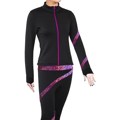 Eiskunstlauf-Fleecejacke für Damen und Mädchen, schwarz, dehnbar, Trainings- und Wettkampfbekleidung, wärmend, mit Kristall-/Strasssteinen, langärmlig, für Eiskunstlauf Image