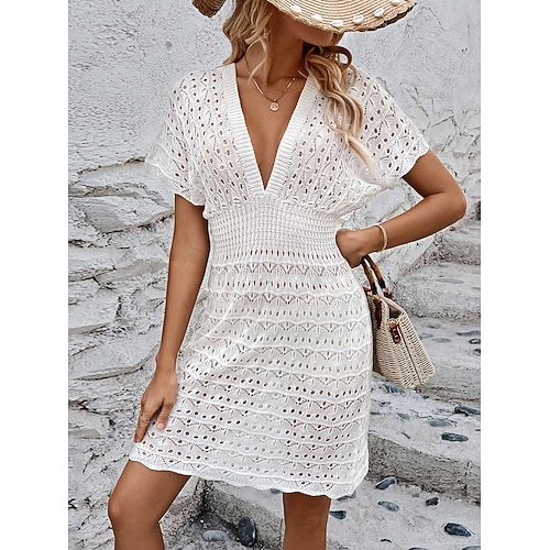 Damen Cover-Up Badeanzug Kleid Cut-Out Urlaub Strandmode Einfarbig V-Ausschnitt Kurzärmlig Schwimmsuits Image