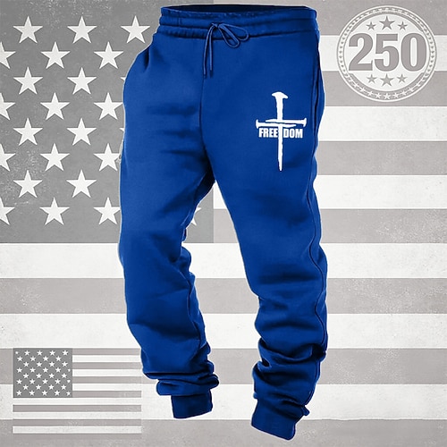 Herren Jogginghose Hose Kordelzug Tasche Elastischer Bund Kreuz Komfort Atmungsaktiv Täglich Outdoor Amerikas 250. Jahrestag Urlaub Mode Blau Schwarz Mikroelastisch Image