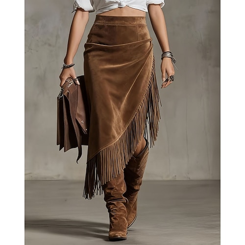 Damen Vintage Mode Lässig Midi Hohe Taille Röcke Einfach Quastenfransen Unregelmäßiger Saum Mikroelastisch Täglich Straße Braun Frühling Polyester Image