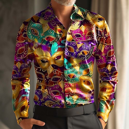 Karneval Herren Paisley-Muster Karnival Maske mit Federn Hemd Satinhemd Kleidhemd Langarm Modisch lässig Party Ferien Sommer Frühling Umlegekragen 3D-Druck Hemden mit Knopfleiste Schwarz Weiß Gelb Image
