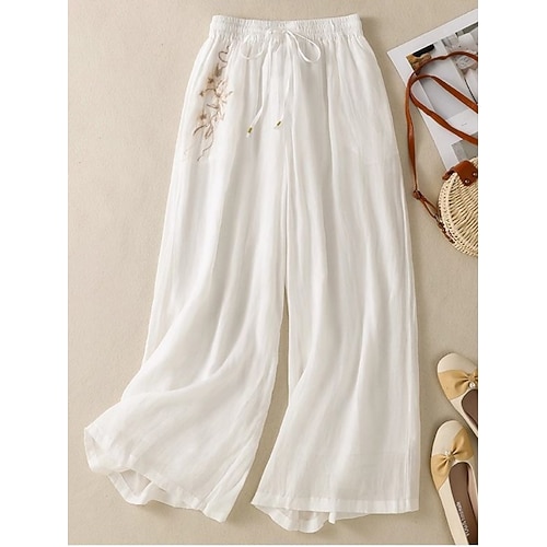 Damen Hose aus Baumwollleinen Hose Sommerhose Strandhose Urlaub Basic Lässig Volle Länge Hohe Taille Blumen Tasche Elastischer Bund Komfort Weich Bequem Dehnbar Strand Ferien Schwarz Weiß Purpur Image