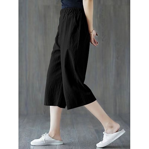 Damen Hose aus Baumwollleinen Hose Sommerhose Baggy-Hosen Urlaub Basic Lässig Wadenlang Hohe Taille Einfach Tasche Elastischer Bund Komfort Weich Atmungsaktiv Dehnbar Strand Ferien Schwarz Weiß Gelb Image