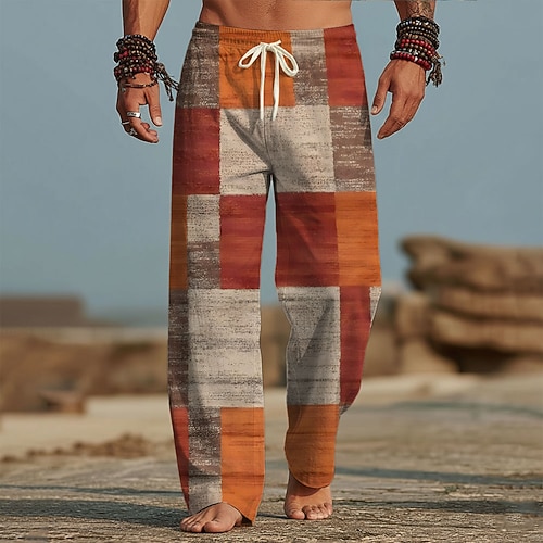 Herren Geometrisch Farbblock Patchwork Hose Freizeithose Baggy-Hosen Mittlere Taille Mode Heim Outdoor Urlaub Elastischer Kordelzug in der Taille Leinenähnliche Hose mit Taschen Sommer Frühling Image