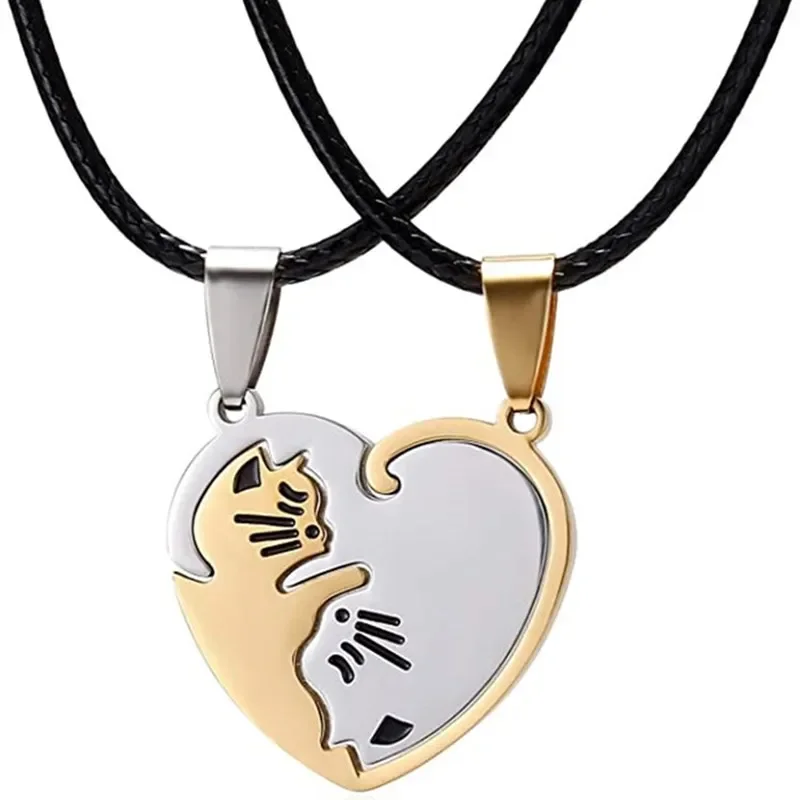 Collana con cuore per coppia Collana con ciondolo gatto simpatico cartone animato Colore semplice Collana con animali neri Regalo di gioielli per ragazze Ragazzi all'ingrosso
