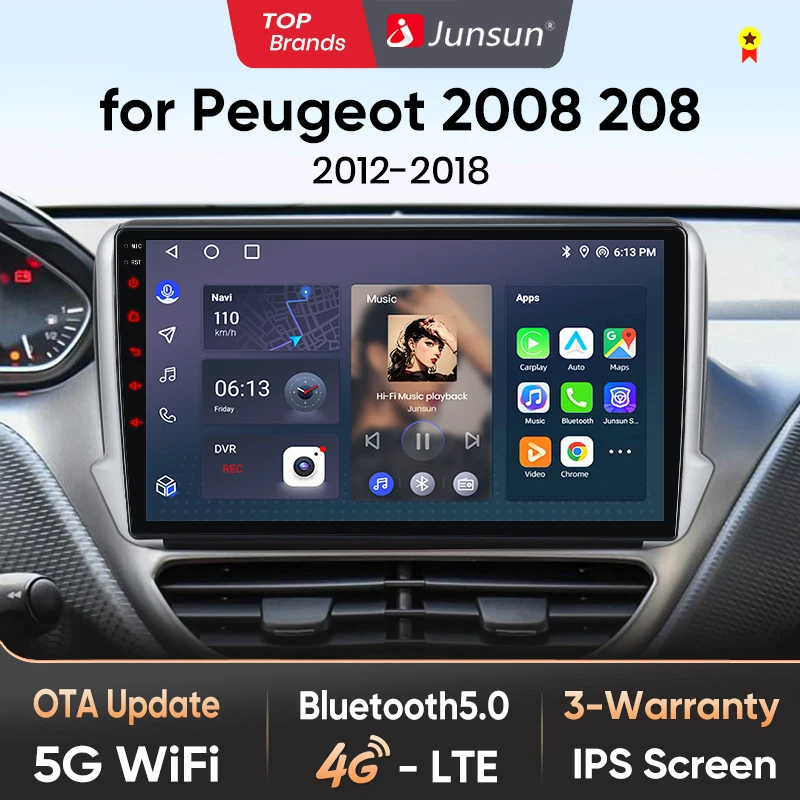 Junsun AI 4G LTE Drahtlose CarPlay Android Auto Auto Radio Für Peugeot 2008 208 2012 2013 2014 2015-2018 GPS Navi BT DSP RDS FM Image