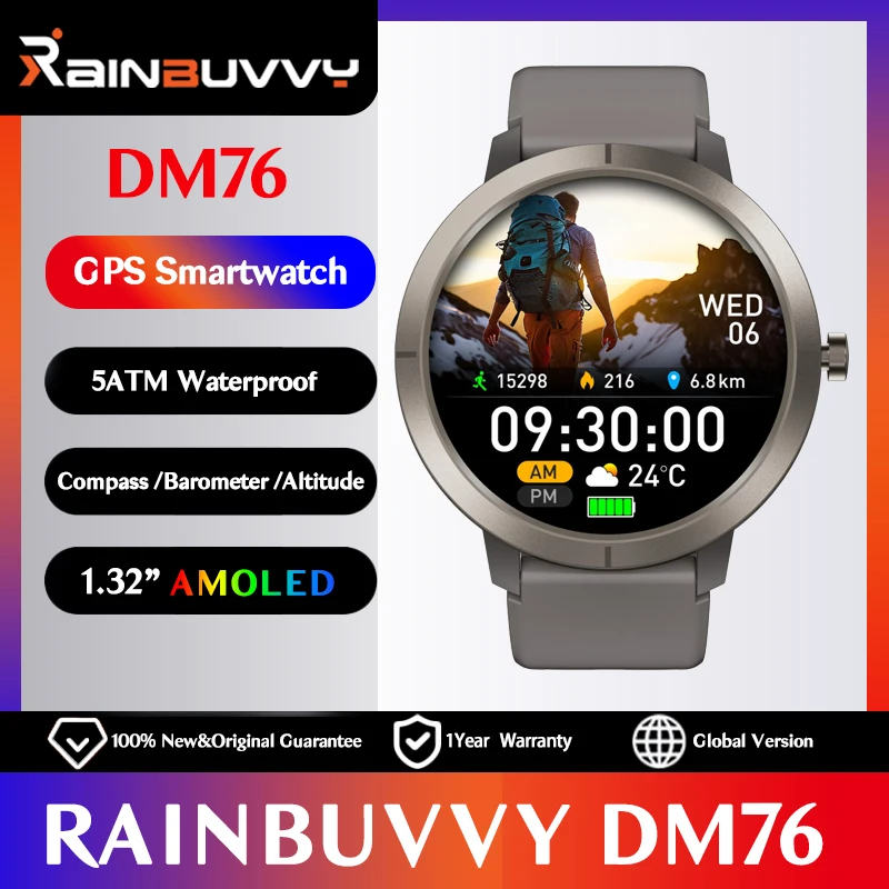 Rainbuvvy DM76 GPS Sports Smart Watch 1.32'' AMOLED Screen 5ATM Waterproof Wrist Watch 360mAh Battery Elevation Pressure Compass