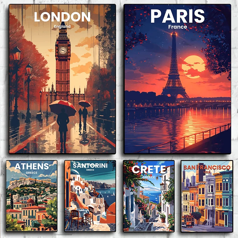 Nordic Vintage Reise Städte Poster London Paris Rom Landschaft Illustration Leinwand Malerei Wand Kunst Bild Home Decor Cuadros