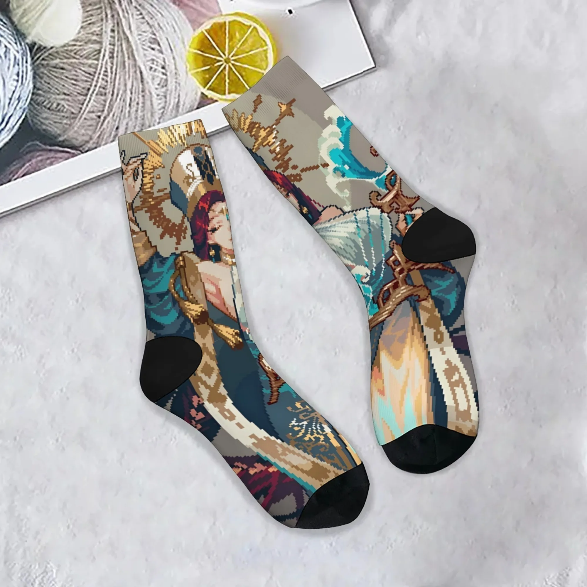 Harajuku Retro Cartoon Pixel Print Damen Charakter Print Herrensocken Roman Street Style Crew Socken Bequeme Freizeitsocken Image