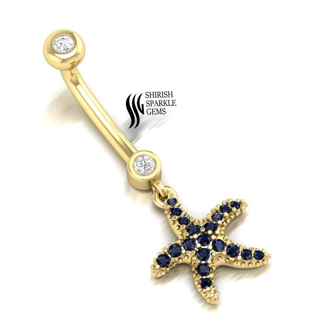 Piercing all'ombelico con zaffiro blu, piercing alla torre, piercing all'ombelico in oro, piercing all'ombelico, piercing all'ombelico a forma di stel