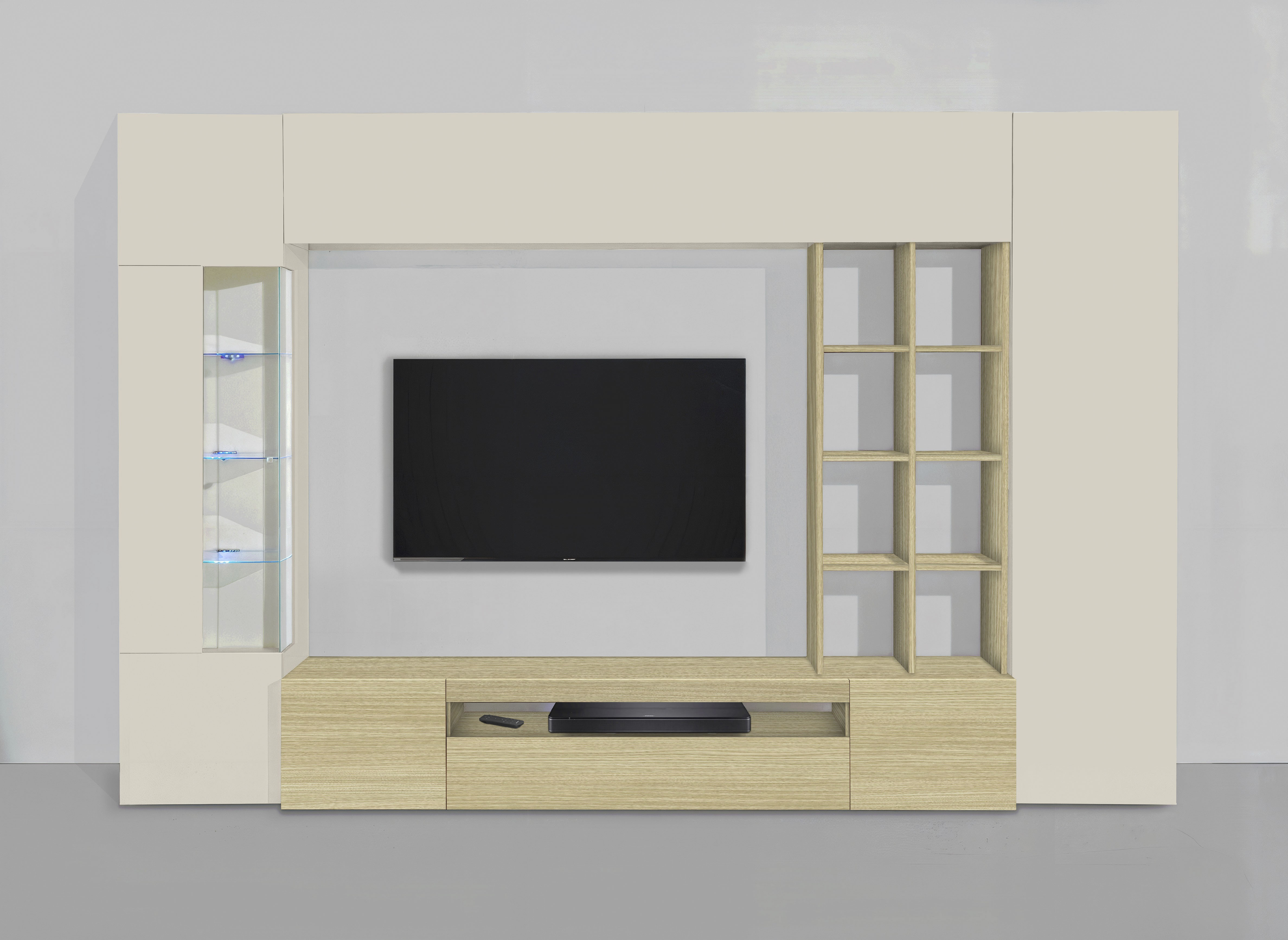 Wohnwand INOSIGN "New Egypt, Anbauwand, Medienwand, Wohnzimmerwand", eiche chopin, kaschmir, B:290cm H:190cm T:40cm, Glas, Holzwerkstoff, Kastenmöbel-Sets, Wohnwand, Regalaufsatz Breite 290 Höhe 191