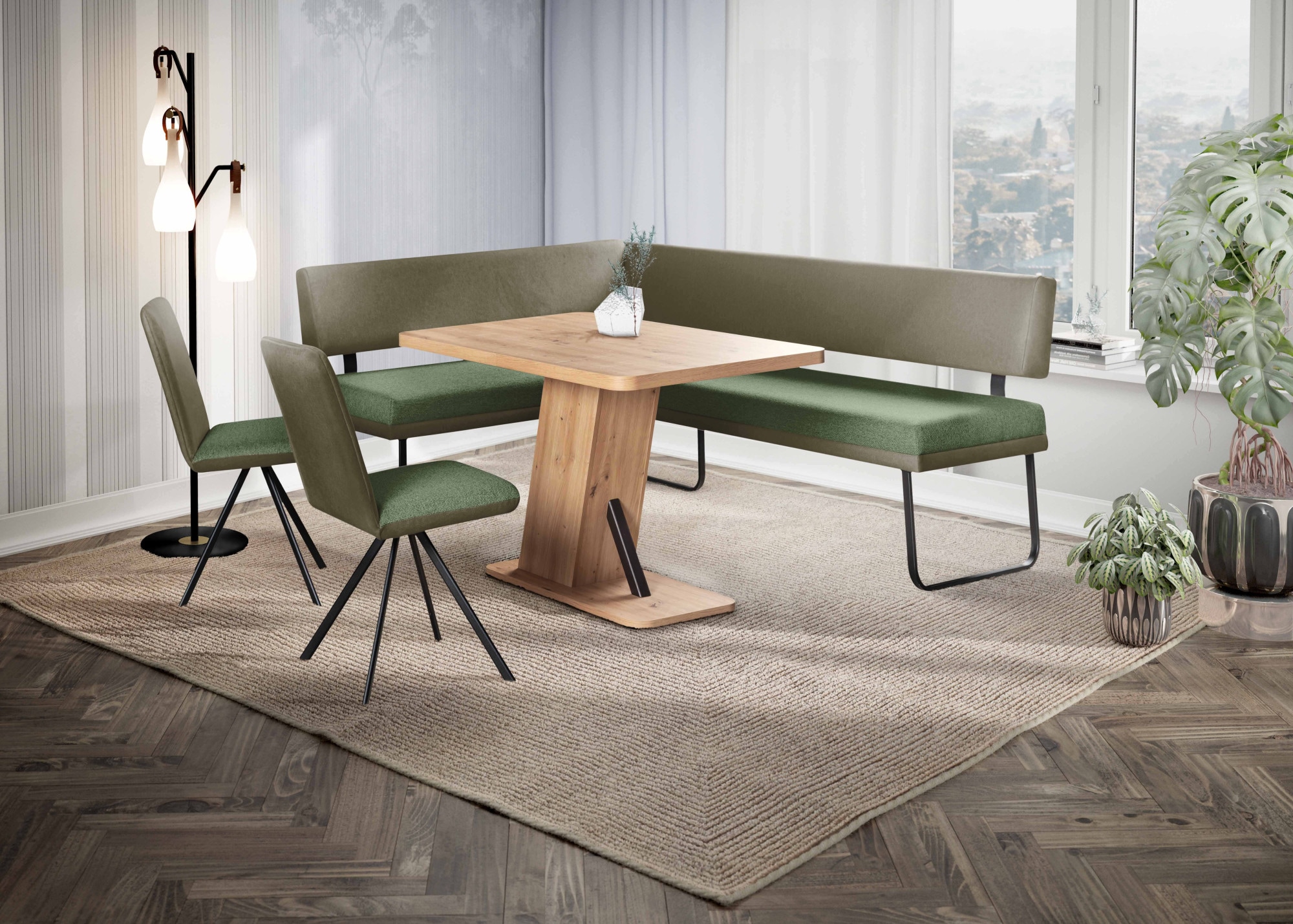 Eckbankgruppe OTTO HOME "Gabi Essecke, Sitzgruppe, Eckbankgruppe, Küchenbankgruppe", dunkelgrün, grün, schwarz, B:214cm H:87cm T:164cm, MDF, Massivholz, Metall, Polyester, Spanplatte, Sitzmöbel-Sets, Eckbankgruppe, Gestell aus matt-schwarzem...