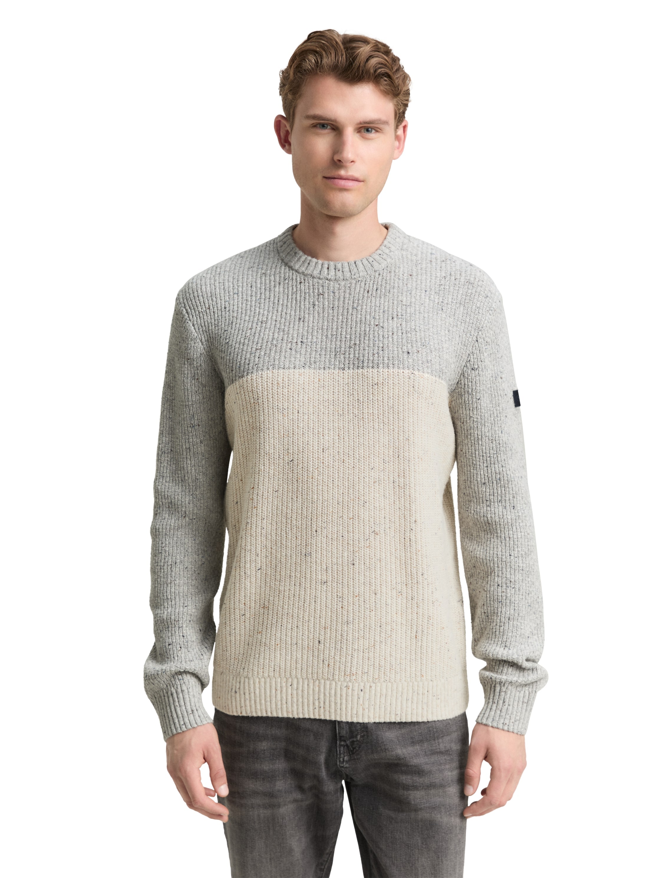 Rundhalspullover TOM TAILOR, Damen, Gr. M, grau sanftes weiß nep colorblock, Strick, Obermaterial: 60% Baumwolle, 40% Polyacryl, colorblocking, regular fit normal, Rundhals, Rippbündchen, Pullover Rundhalspullover, mit Logo Stickerei