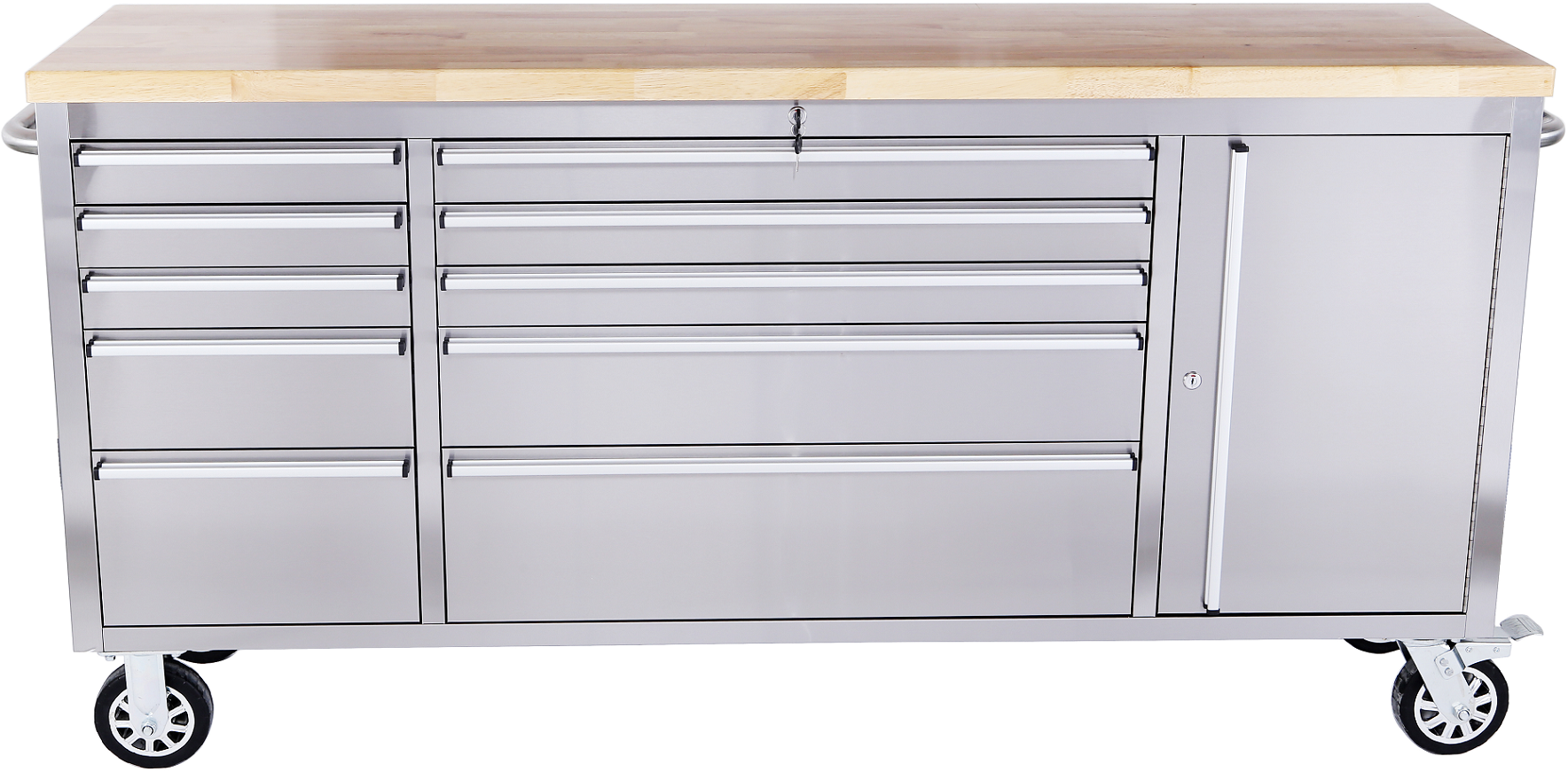 Werkstattwagen ONDIS24 "Werkzeugwagen aus Edelstahl mit 1 Tür 10 Schubladen", silberfarben, B:198cm H:95cm T:49cm, Stahl, Werkstattwagen