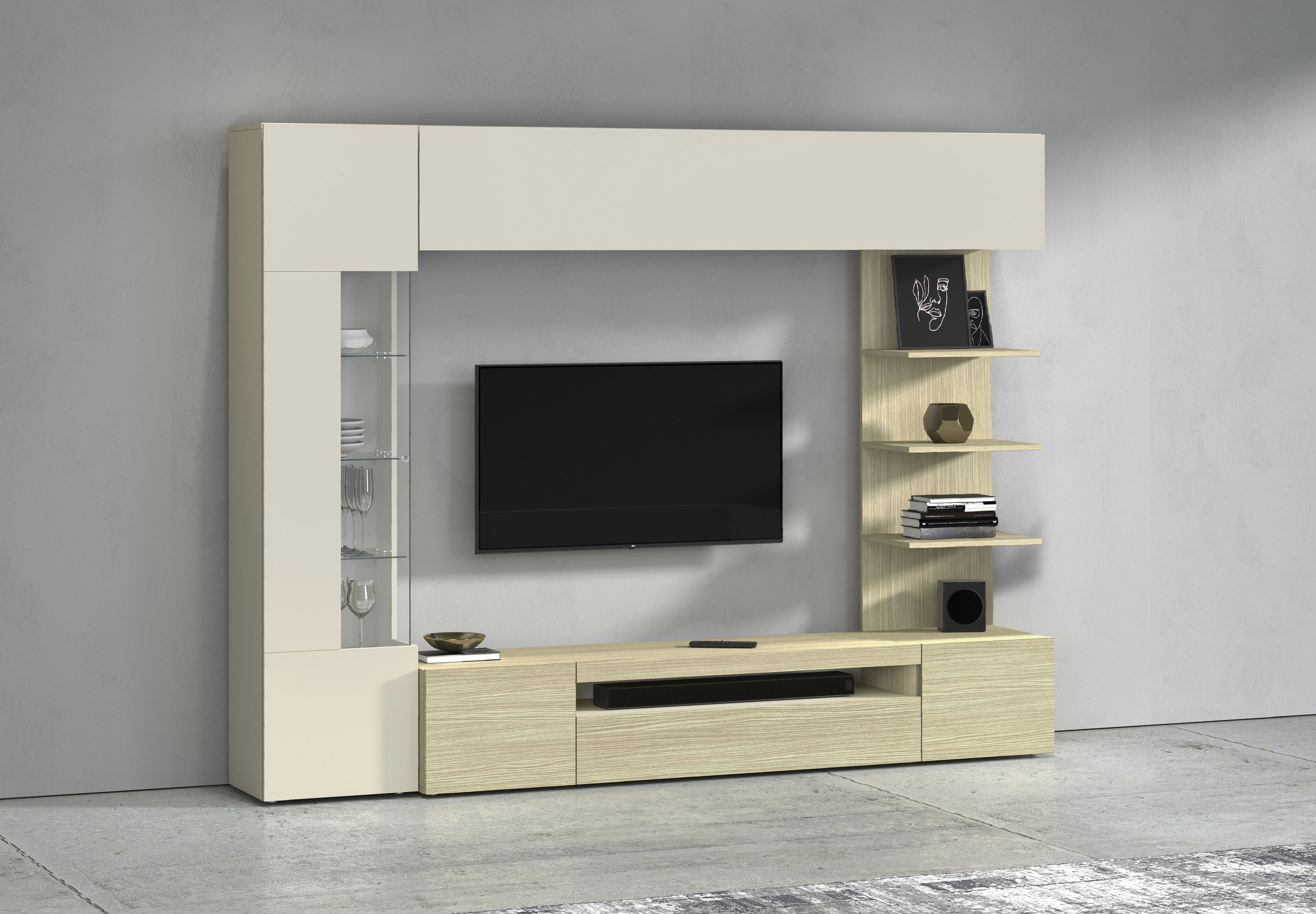 Wohnwand INOSIGN "Wohnwand New Egypt, Anbauwand, Medienwand, Wohnzimmerwand", kaschmir, eiche, B:245cm H:191cm T:40cm, Spanplatte, Kastenmöbel-Sets, Wohnwand, 2 Klappen, 2 Türen, 1 Glastür, Regalaufsatz, B 245 × H 191 cm